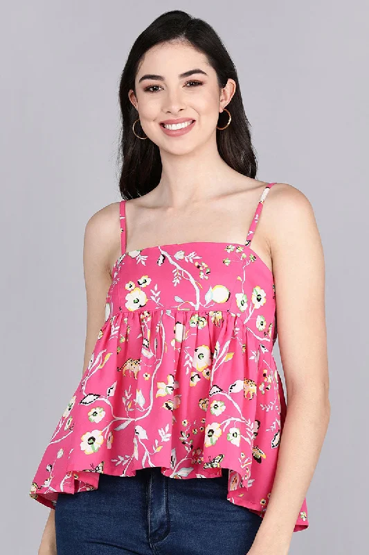 Pink Georgette Floral Printed Peplum Strappy Crop Top