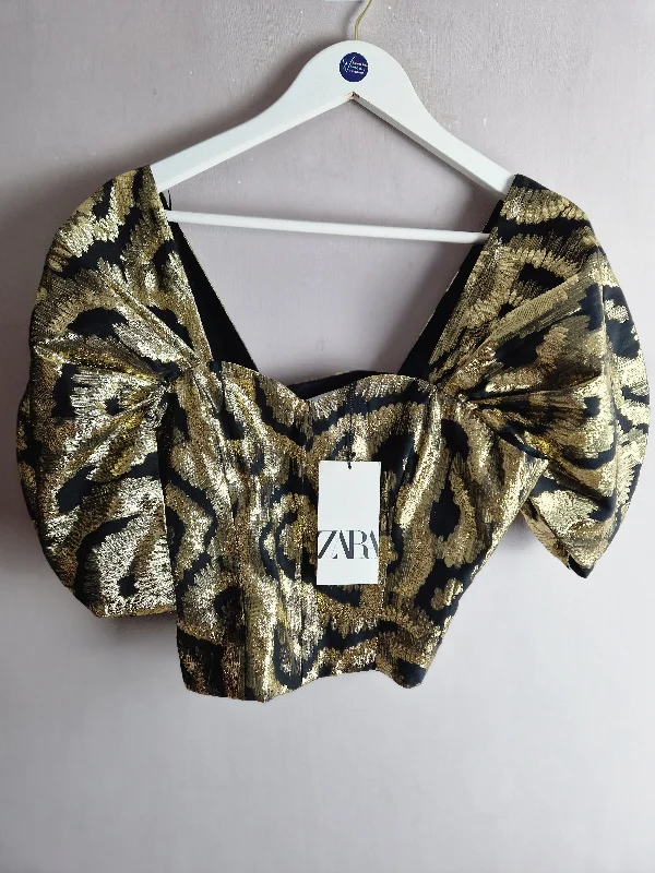 Zara black & Gold jaquard puff sleeve crop top - new Small (8)