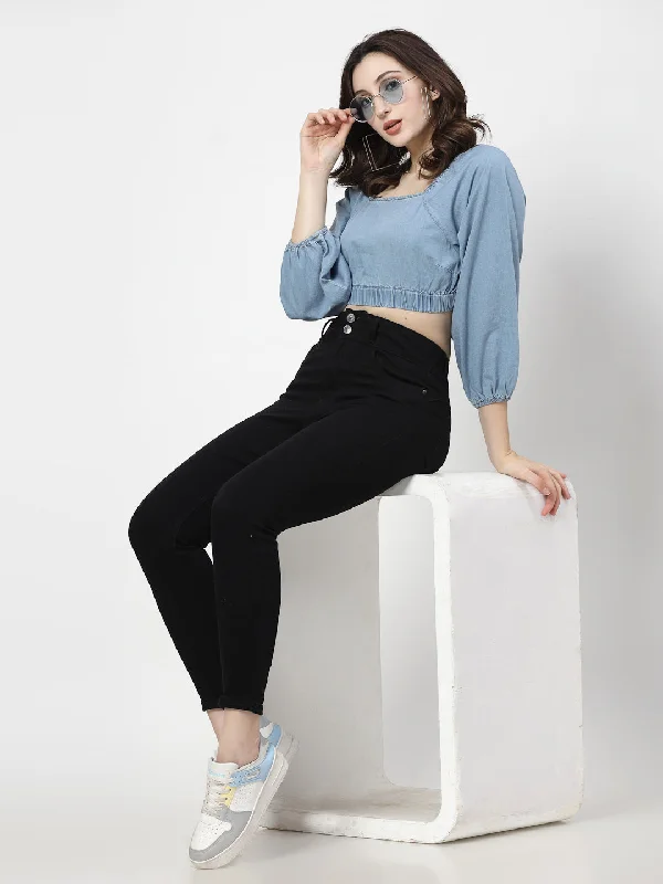 Light Indigo Denim Crop Top With Full Sleeves