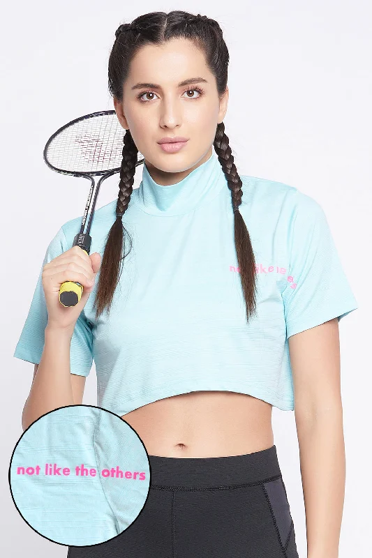 Sky Blue Polyester Fit Text Print Turtleneck Crop Top