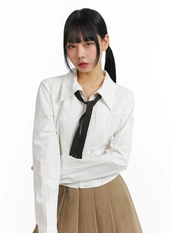 Zip-Up Collar Crop Shirt with Tie CJ410