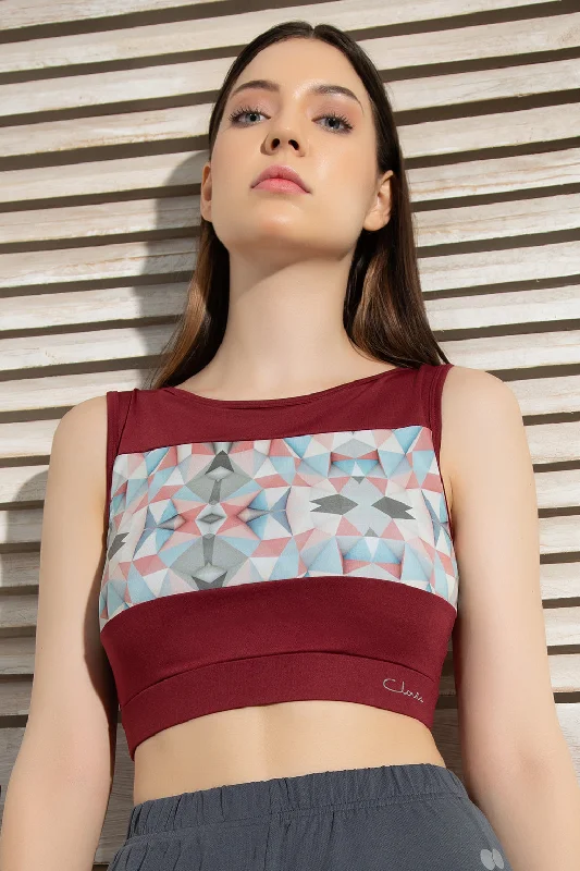 Maroon Polyester Comfort-Fit Geometric Print Crop Top