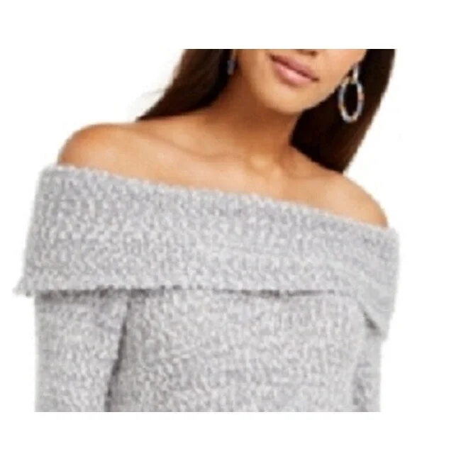 Freshman Juniors' Off-The-Shoulder Fuzzy Sweater Dark Gray Size Medium