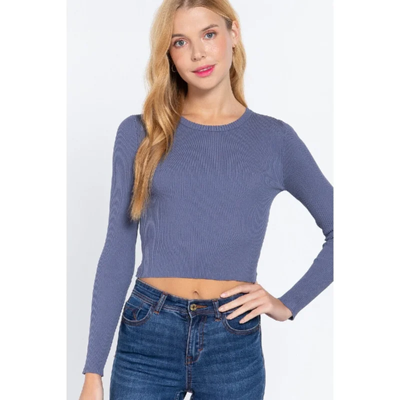 Long Sleeve Open Back Sweater Top With Crew Neck