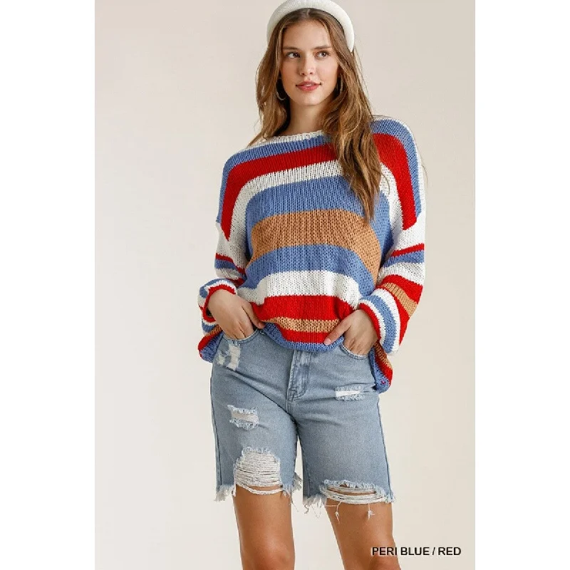 Multi-Colored Stripe Acrylic Knit Sweater with Round Neck