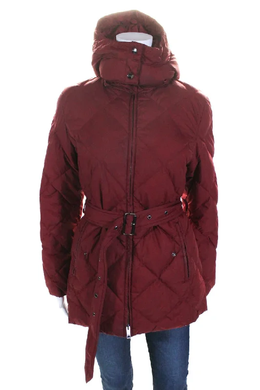 Burberry Womens Goose Down Filled Long Hooded Puffer Coat Red