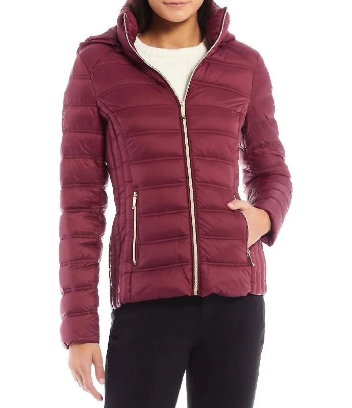 Down Packable Jacket Coat With Removable Hood In Dark Ruby