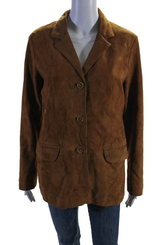 Vera Pelle Womens Suede Long Sleeves Button Down Jacket Saddle Brown