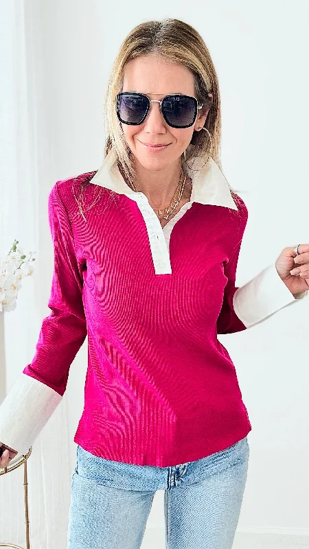 Solid Shirt Point Collared Top- Magenta