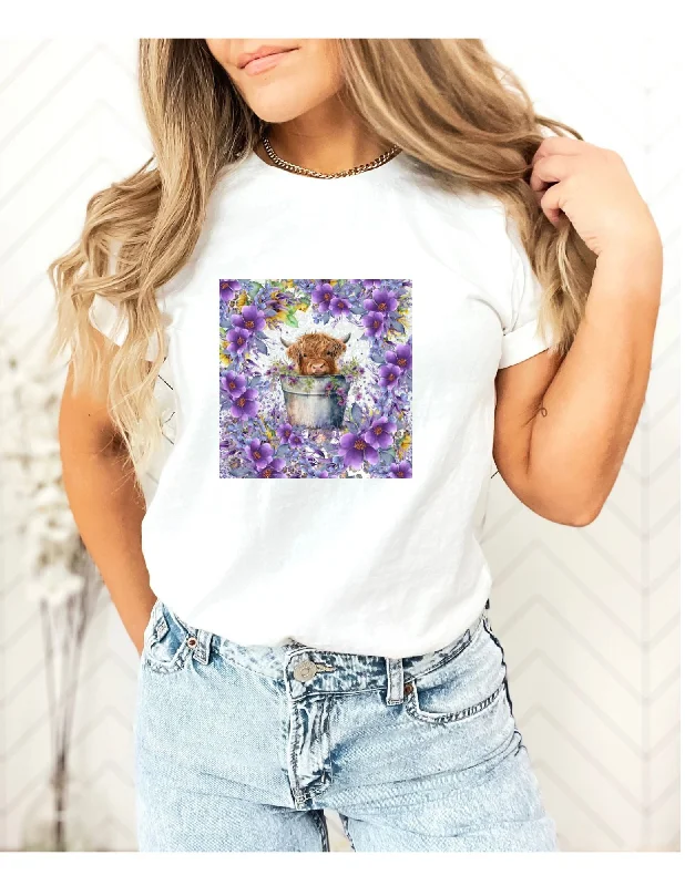 Highland Cow Purple Floral T shirt