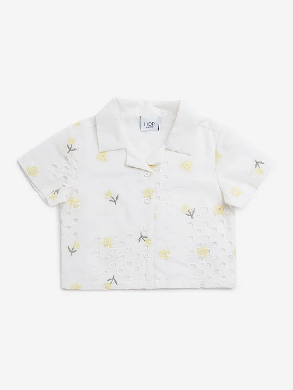 HOP Kids Off-White Floral Embroidered Cut-Out Cotton Shirt