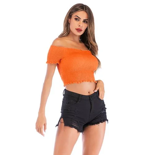 Short  with Straight Neck and Navel Short-sleeved Women T Shirts