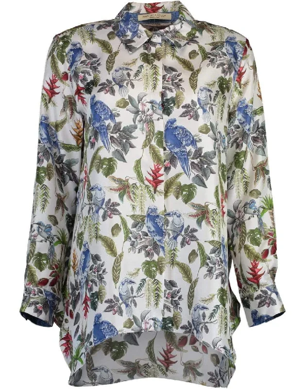 Tropical Bird Print Silk Button Up Shirt