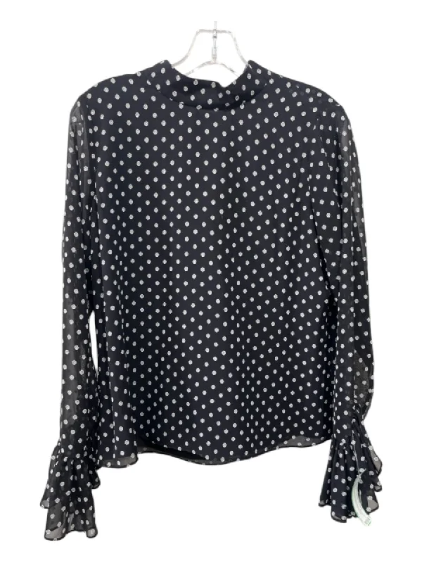 Alexis Size L Black & White Polyester Blend Polka Dots Long Sleeve Back Tie Top