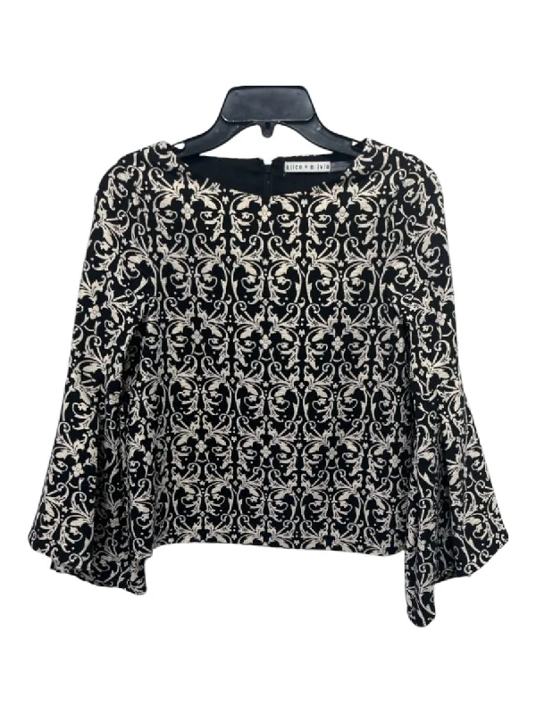 Alice + Olivia Size 2 Black & Gold Polyester & Viscose Jacquard Long Sleeve Top