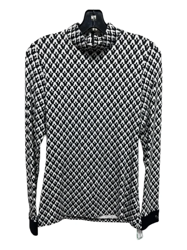 Anne Fontaine Size 36 Black & White Synthetic Geo Print Long Sleeve Top