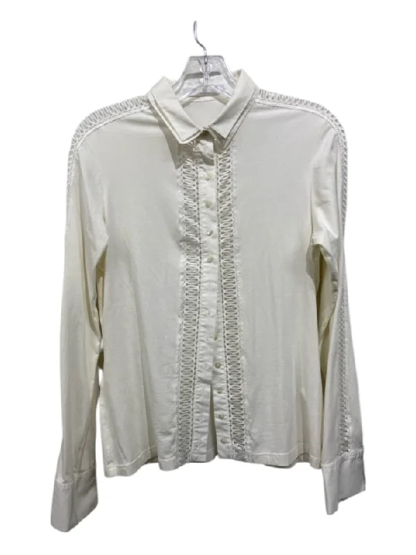 Anne Fontaine Size 42 Ivory White Cotton Blend Laser Cut Long Sleeve Top