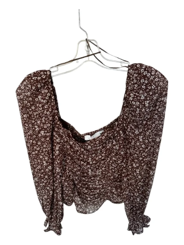 ASTR Size S Brown & White Polyester Long Sleeve Floral Top