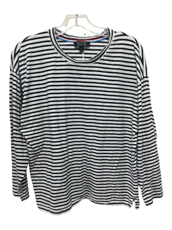 AYR Size Large White & Black Cotton Blend Long Sleeve Horizontal Stripe Top