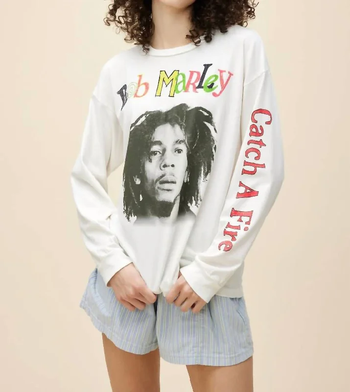 Bob Marley Catch A Fire Relaxed Long Sleeve Top In Vintage White