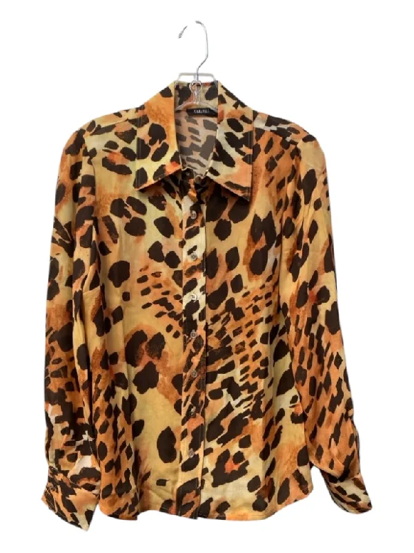 Carlisle Size 6 Brown, Yellow & Orange Silk Animal Print Long Sleeve Top