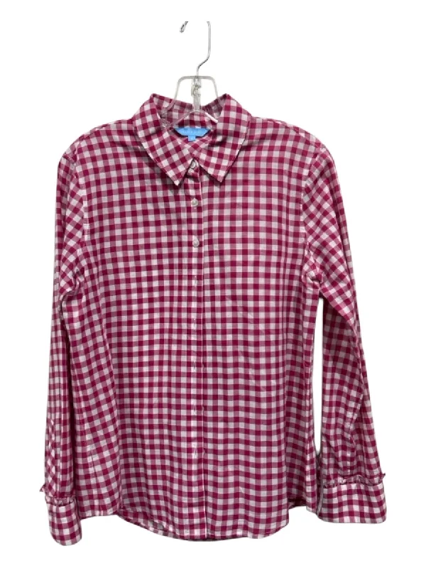 Draper James Size 4 Pink & White Cotton Gingham Button & Hook Long Sleeve Top