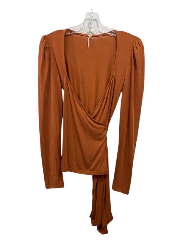 Free People Size S Burnt Orange Modal & Polyester Blend Long Sleeve Wrap Top