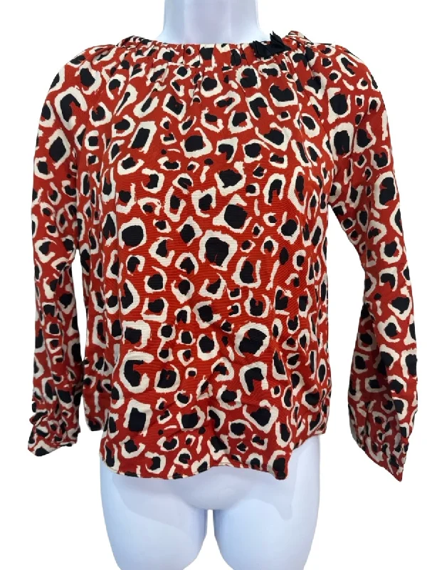 Gucci Size 10 Red White Black Wool Blend Animal Print Round Neck Long Sleeve Top