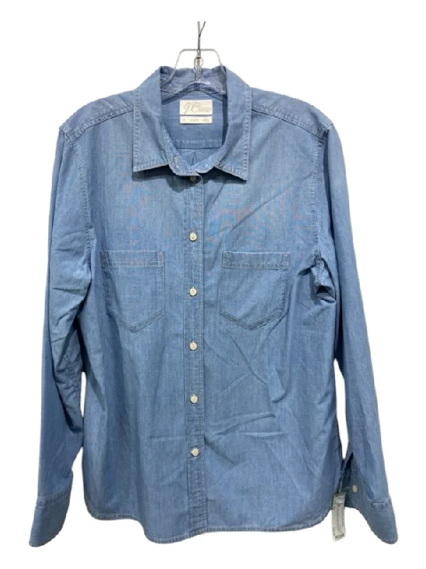 J Crew Size 12 Light Wash Cotton Long Sleeve Button Front Chambray Pockets Top