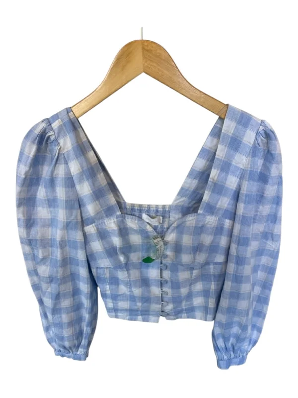 Jonathan Simkhai Size XS Blue & White Cotton Blend Long Sleeve Checkered Top