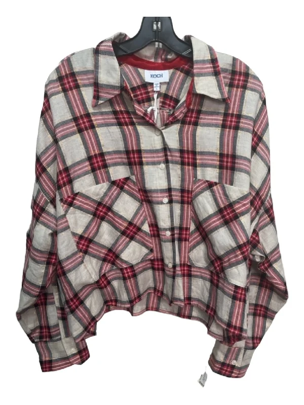 Koch Size L Beige Red Gold Cotton Blend Collared Button Up Plaid Long Sleeve Top