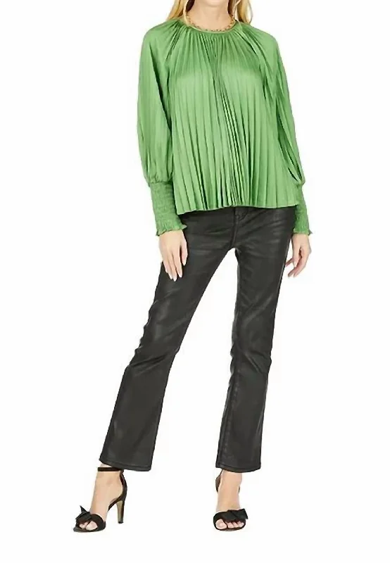 Long Sleeve Pleated Blouse In Sage