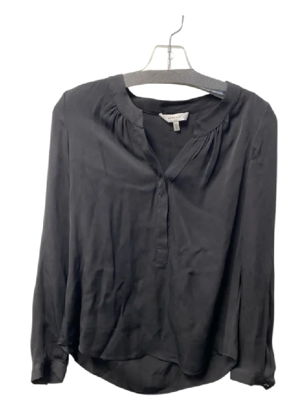 Milly Size 00 Black Silk Blend round split neck Long Sleeve Half Button Top