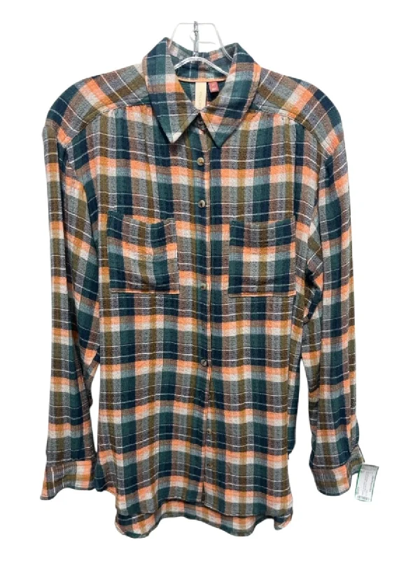 Pilcro Size XS Blue, Orange, Green Viscose Blend Long Sleeve Plaid Pockets Top