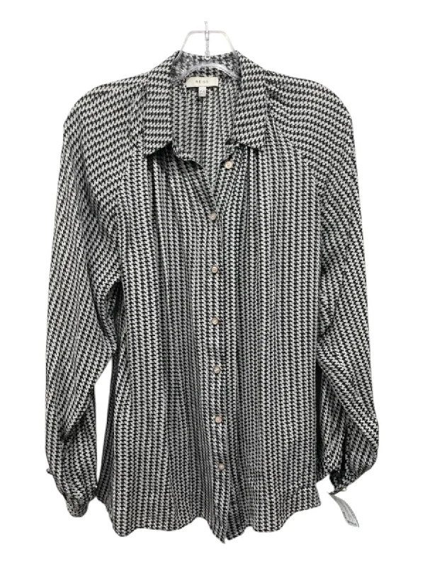 Reiss Size 2 Gray & Black Viscose Houndstooth Long Sleeve Collar Button up Top