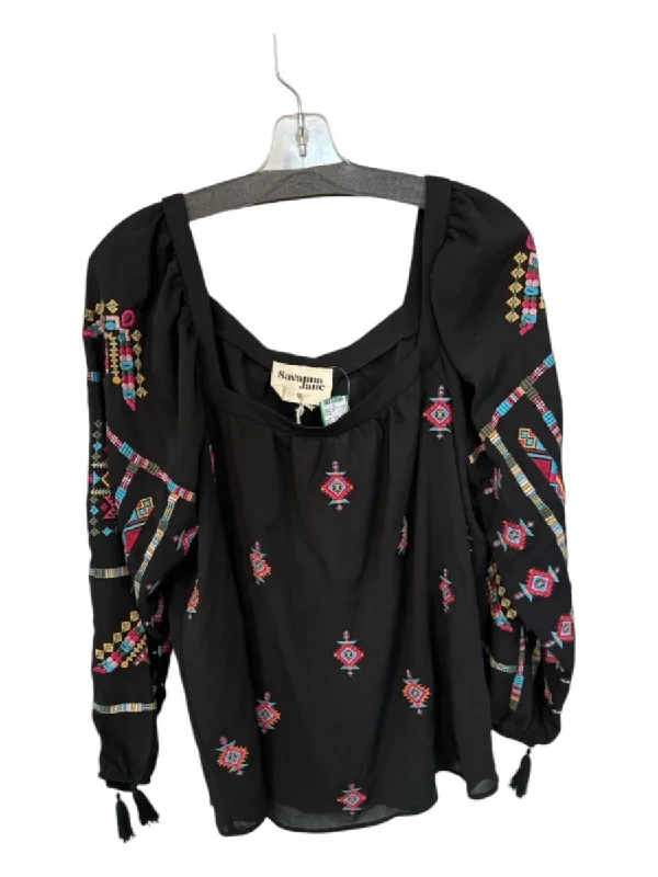 Savanna Jane Size 1X Black & Multi Polyester Long Sleeve Top