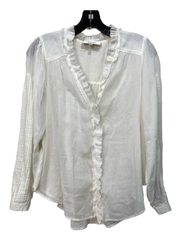 Sea New York Size 2 White Cotton Ruffle Neck Button Front Sheer Long Sleeve Top