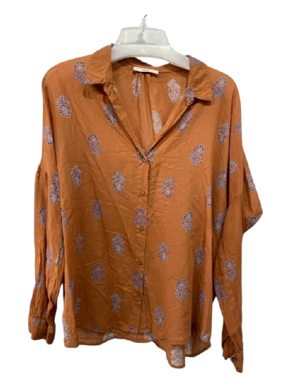 sessun Size Small Orange & Blue Cotton Button Front Floral Long Sleeve Sheer Top