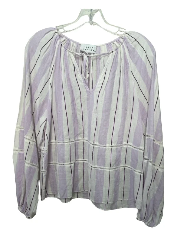 Tanya Taylor Size XS White & Purple Cotton Striped Tie Neck Long Sleeve Top