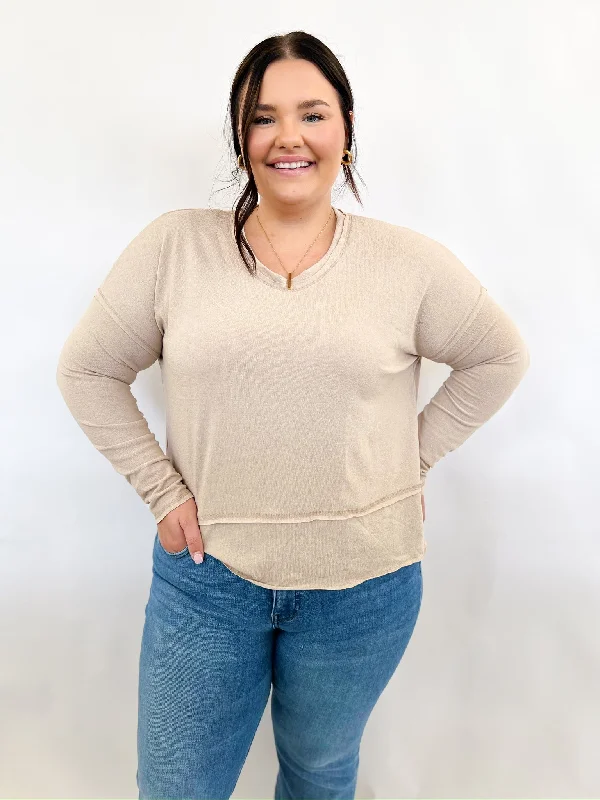 Taupe Crepe Hacci Top Long Sleeve