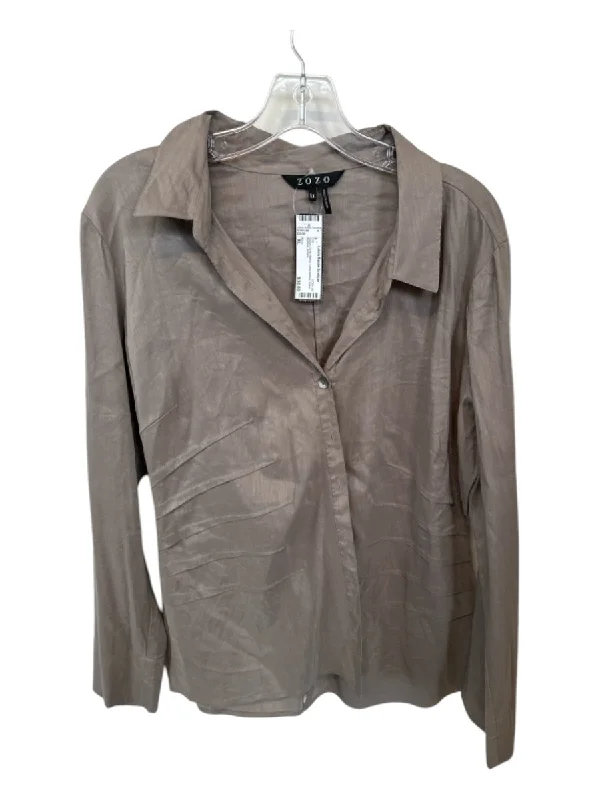 Zozo Size XL Taupe Linen Blend Long Sleeve Collar Buttons Top